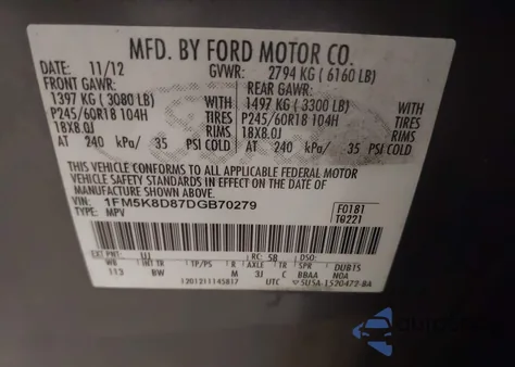 2013 Ford Explorer Xlt from USA, damaged, VIN 1FM5K8D87DGB70279